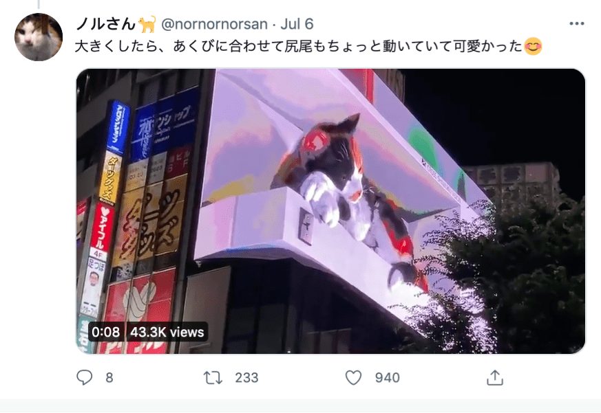 На білборді у Токіо з’явився гігантський 3D-кіт